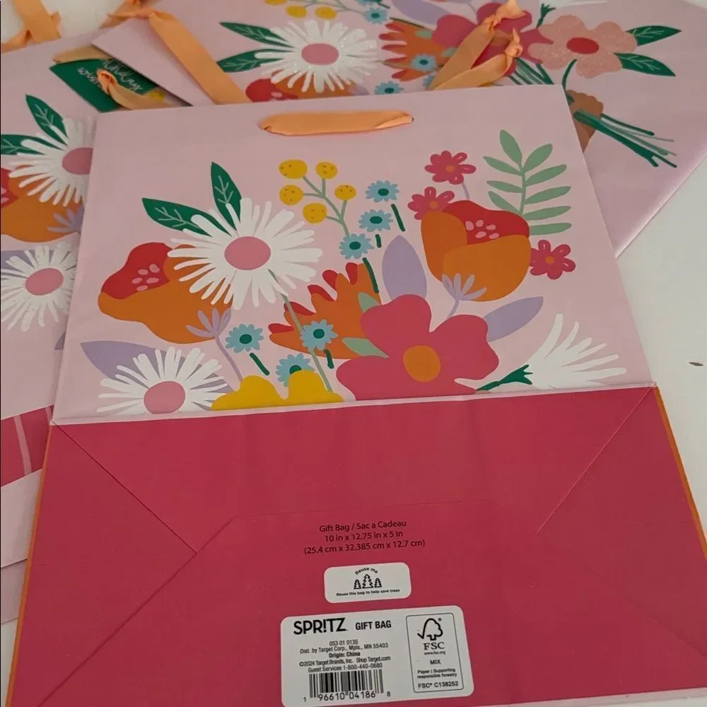 Spirit Pink Floral Gift Bags with Orange Handles  NWT